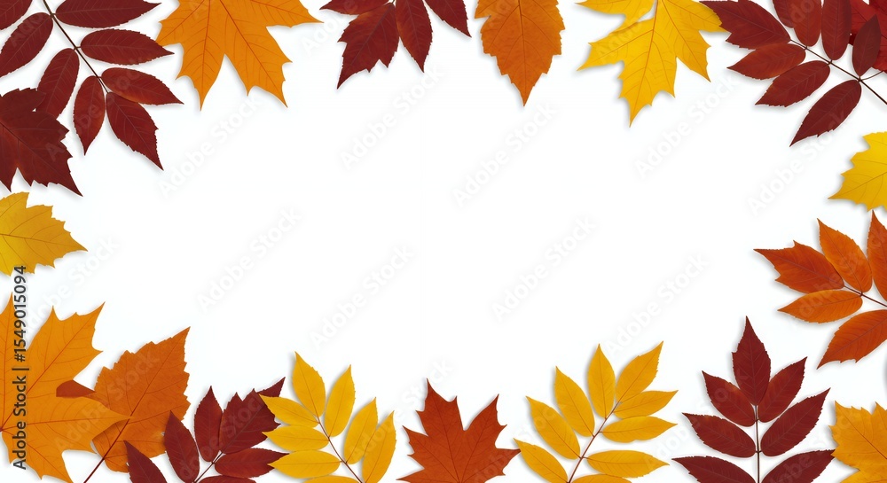 Autumnal Frame: Vibrant Fall Leaves Bordering a White Space Autumnal Frame: Vibrant Fall Leaves Bordering a White Space