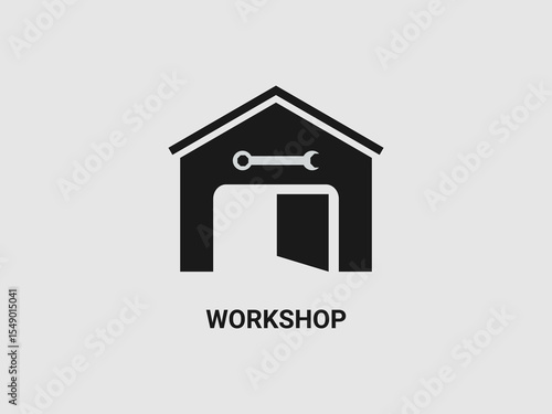 a silhouette of a building resembling a garage or workshop