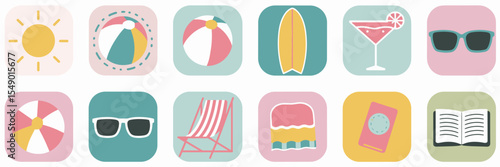 Beach day essentials icon pack in pastel colors – Suitable for travel guides, beachwear promotions, or mobile design kits.
