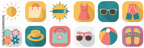 Vibrant summer fashion app icons with sun, shopping bag, dress, sunglasses, hat, beach ball, and sandals