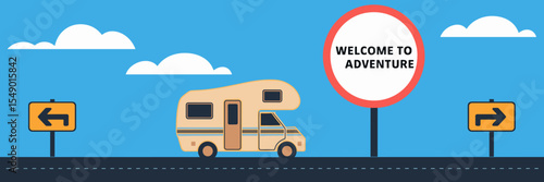 Vector icon sheet of campervan road trip with signs and clouds – Perfect for road trip-themed posters, campervan blogs, or travel decor.