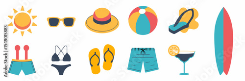 Flat style summer fashion icon set with bright colorful accessories