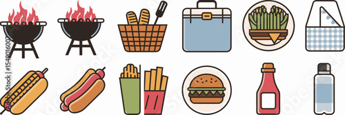 Clean vector icon sheet of picnic and barbecue food items on white