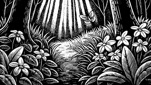 Tropical rainforest clearing filled with wild orchids, butterflies, and beams of sunlight, a black and white sketch vector