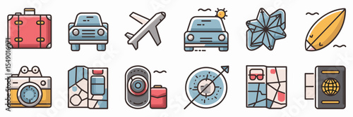 Summer travel and luggage icon set in modern flat style – Ideal for travel blogs, vacation apps, or tourism branding