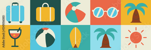 Summer vacation icons in primary colors – Ideal for family travel promotions, tourism infographics, or resort brochures