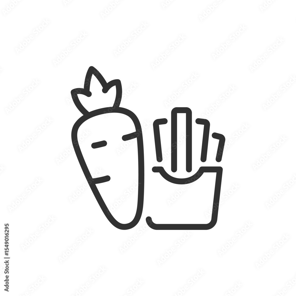 Obraz premium Carrot and fries, linear icon. Food contrast or diet vs junk. Line with editable stroke.