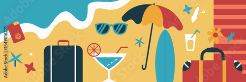 Vibrant summer travel icons with sandy texture background – Suitable for holiday branding, tropical getaways, or travel editorials