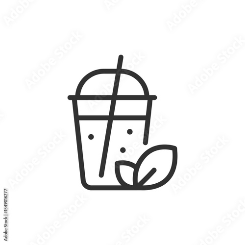 Cup with straw and leaf, linear icon. Healthy beverage or detox drink. Line with editable stroke.