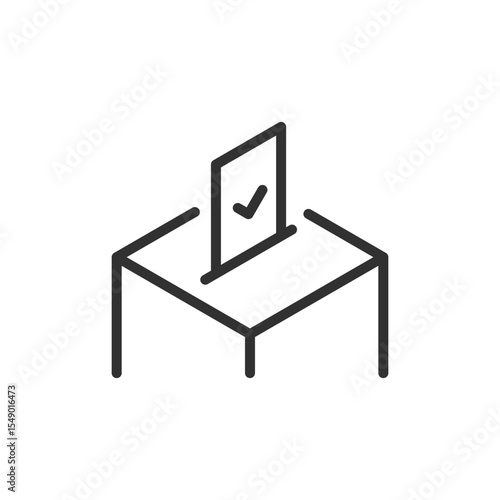 Ballot with checkmark on table, linear icon. Voting process, election participation, or poll completion. Line with editable stroke