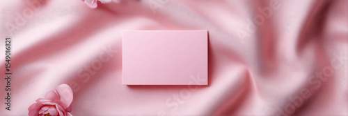 Elegant Pink Fabric Background with Blank Card Mockup and Delicate Flowers Perfect for Branding and Wedding Invitations