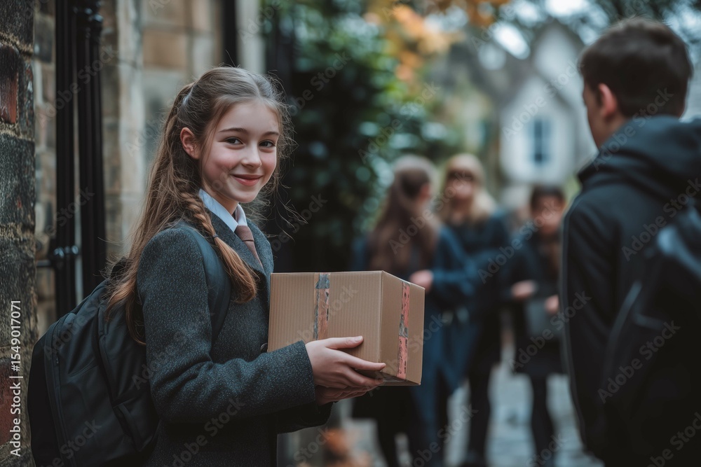 A young girl in a school uniform beams with happiness as she accepts a package from a classmate. Other students stroll down the schoolyard, creating a lively atmosphere A young girl in a school uniform beams with happiness as she accepts a package from a classmate. Other students stroll down the schoolyard, creating a lively atmosphere
