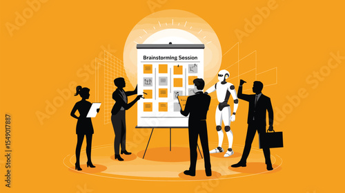 diverse team and humanoid robot brainstorming together during modern office meeting with ideas shared on presentation whiteboard