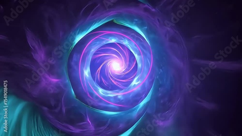 A vibrant, swirling vortex of purple and blue light radiates energy and depth.
