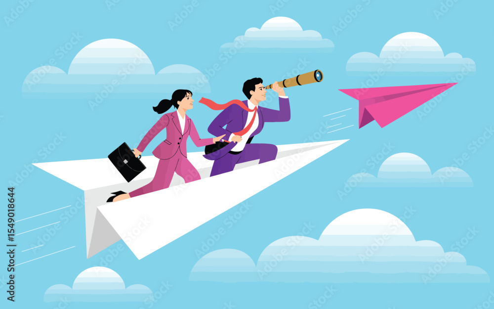 businesspeople flying on paper airplane with telescope and briefcase pursuing opportunity, symbolizing ambition, vision, and strategy businesspeople flying on paper airplane with telescope and briefcase pursuing opportunity, symbolizing ambition, vision, and strategy