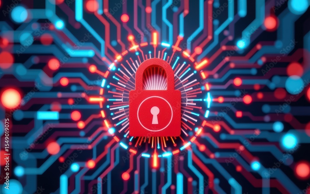 Fototapeta premium Paper cut art concept. Digital lock symbol on a circuit board background with vibrant colors.