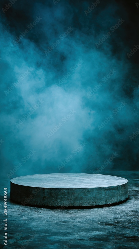 A circular concrete platform sits on a dark blue smoky background A circular concrete platform sits on a dark blue smoky background
