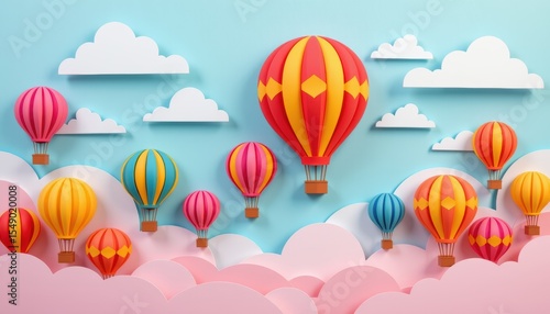 Paper cut art concept. Colorful hot air balloons floating among pastel clouds.