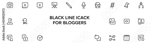 Collection of outline icons for bloggers featuring camera video and social media symbols in black and white