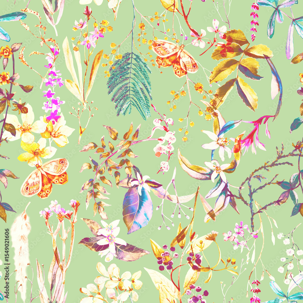 Fototapeta premium Floral botanical seamless pattern with wild flowers, branches with leaves painted in watercolor. Seamless repeating wallpaper with plants and butterfly.