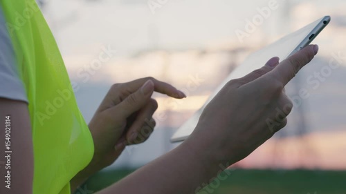 An electrician works in a tablet at a high power plant, hands close-up, an energy worker prints a report of the work done on a gadget, under high voltage volts, a technological system for supplying