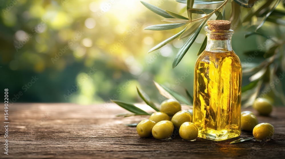 A glass bottle filled with golden olive oil sits on a rustic wooden table surrounded by fresh green olives. Sunlight filters through olive leaves, creating a warm, inviting atmosphere A glass bottle filled with golden olive oil sits on a rustic wooden table surrounded by fresh green olives. Sunlight filters through olive leaves, creating a warm, inviting atmosphere