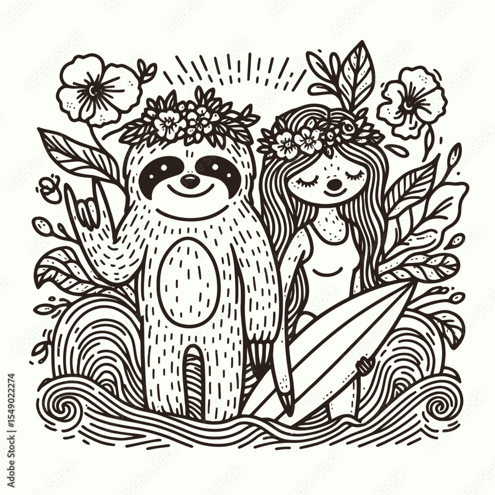 Obraz premium sloth couple wear flower crown wave Surfing. Valentine Love Romance Cupid February Clipart Line Art Vector Illustration. Slow animal pair adorn bloom headgear ocean ride board sport.