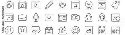 Collection of various outline style icons representing different concepts and functionalities in black and white