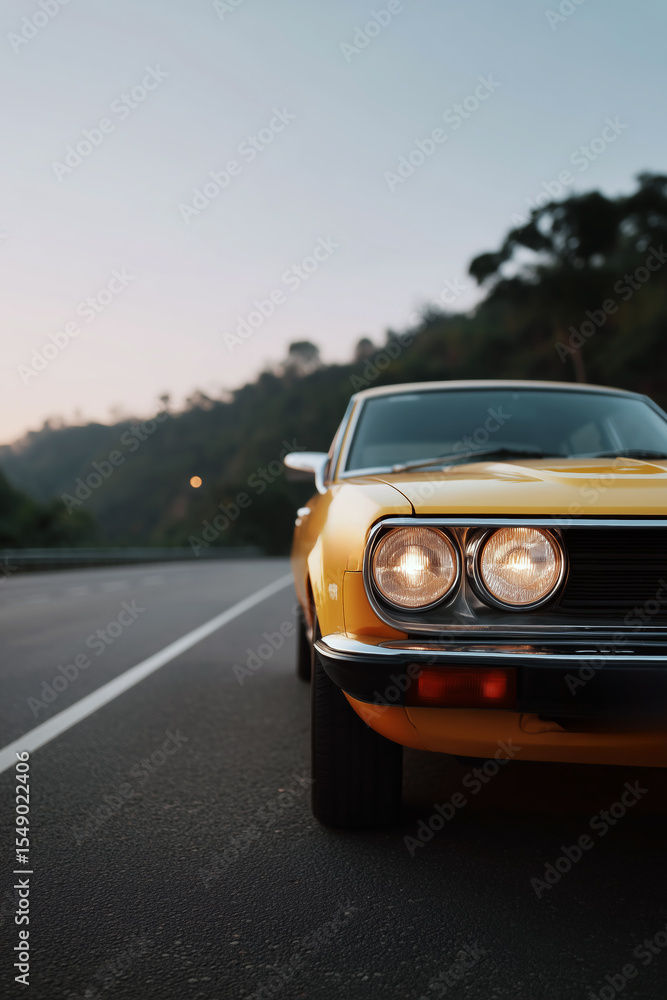 Fototapeta premium Vintage yellow sports car parked in urban street at dusk, close-up front headlight view of retro vehicle