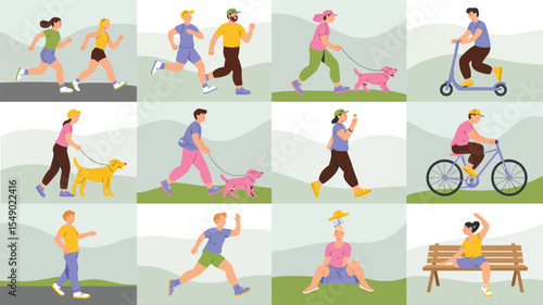 diverse people enjoying healthy outdoor activities including jogging, cycling, walking, stretching, dog walking and relaxation in park