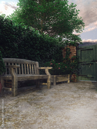 Wooden bench in the backyard in a summer garden with green vines in the background.  Image made with 3d resources and painted elements. No AI used.