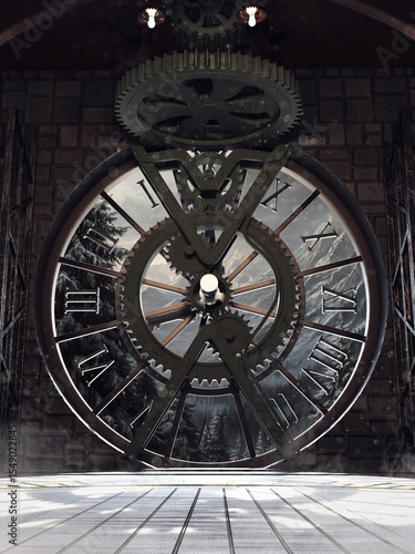 Fantasy interior of an old tower clock with the snowy landscape in the background.  Image made with 3d resources and painted elements. No AI used.