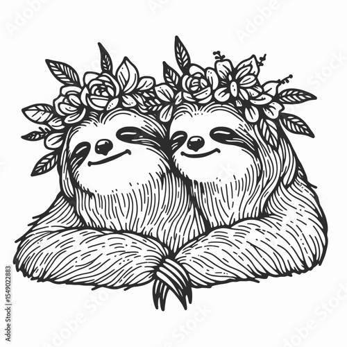 sloth couple wear flower crown Urban Exploration. Valentine Love Romance Cupid February Clipart Line Art Vector Illustration. Slow pair adorn floral garland city search abandoned zone.