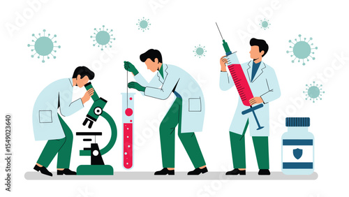 medical scientists analyzing virus samples in lab with microscope, syringe, test tubes, and vaccine for clinical and pharmaceutical research