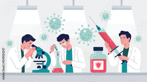 scientists conducting vaccine and virus research in a modern laboratory with microscope, syringe, and test tube during pandemic response