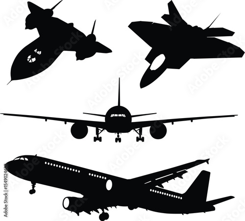 Airplanes silhouettes – Aero Show. Silhouetted aerobatic planes performing loops and rolls, dynamism captured in vector form.