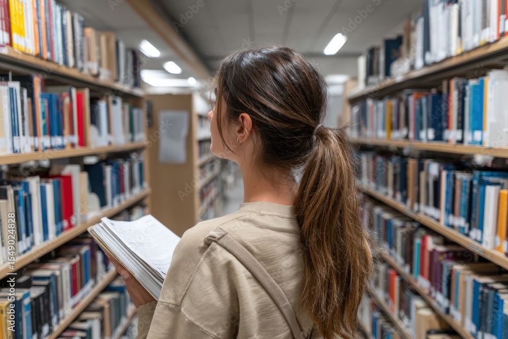 Focused female student in library aisle holding books for academic study or research Focused female student in library aisle holding books for academic study or research