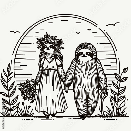sloth couple wear flower crown Romantic Sunset Stroll. Valentine Love Romance Cupid February Clipart Line Art Vector Illustration. Lazy duo sport bloom garland amorous twilight walk tender.