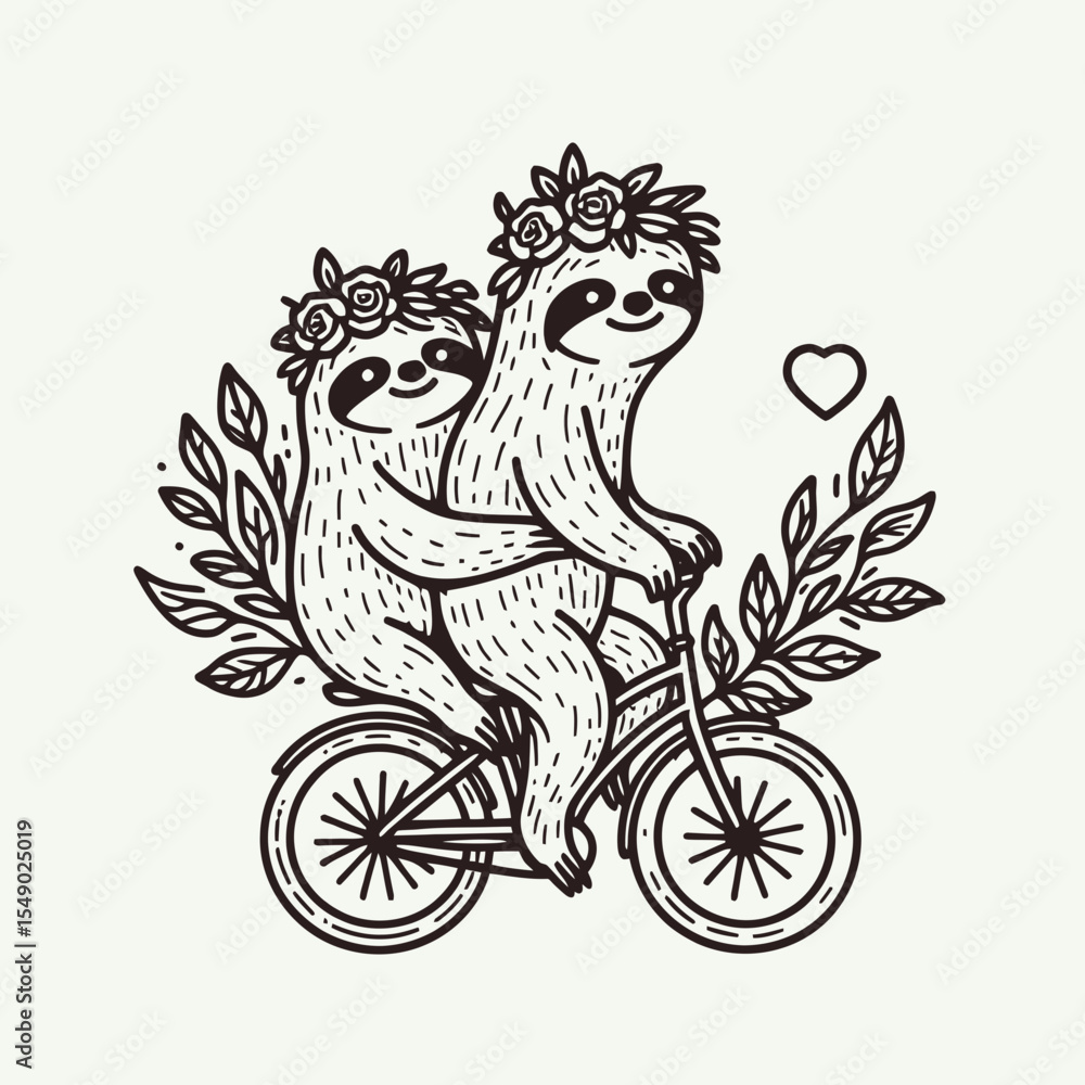 Obraz premium sloth couple wear flower crown Riding a bicycle together. Valentine Love Romance Cupid February Clipart Line Art Vector Illustration. Slow pair adorn floral headpiece journey on cycle.