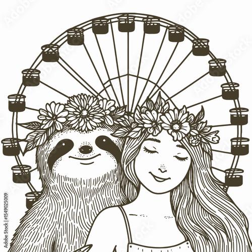 sloth couple wear flower crown Riding a ferris wheel. Valentine Love Romance Cupid February Clipart Line Art Vector Illustration. Slow duo adorn flora wreath aboard attraction for amusement.