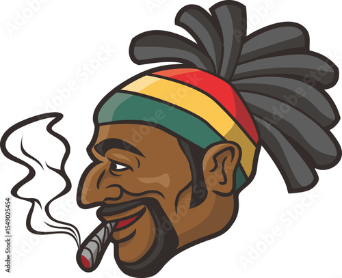 Cartoon of dreadlock hair bearded man With Reggae Style smoke Cannabis. Vector and Illustration.