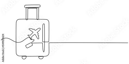 Packed suitcases for travel. Airplane. World Tourism Day. One line drawing for different uses. Vector illustration, Suitcase and airplane in one continuous line drawing. Vacation with luggage.