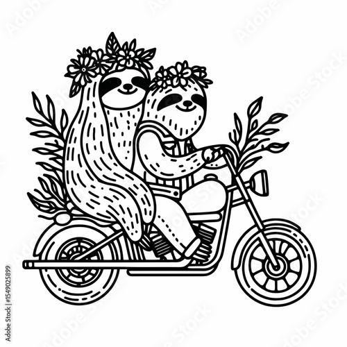 sloth couple wear flower crown ride cruiser motorcycle. Valentine Love Romance Cupid February Clipart Line Art Vector Illustration. .