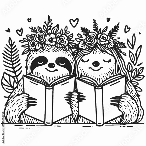 sloth couple wear flower crown Reading together. Valentine Love Romance Cupid February Clipart Line Art Vector Illustration. Two slow pals adorn flora headpiece peruse book in comfy posture.