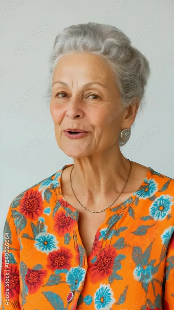 A woman with a flowery orange shirt is smiling. She has a necklace and earrings. The shirt is colorful and floral A woman with a flowery orange shirt is smiling. She has a necklace and earrings. The shirt is colorful and floral