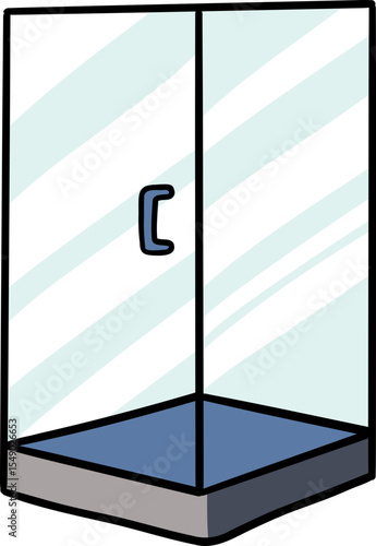 Hand drawn Bathroom elements doodle, Shower enclosure with glass panels and a blue base.