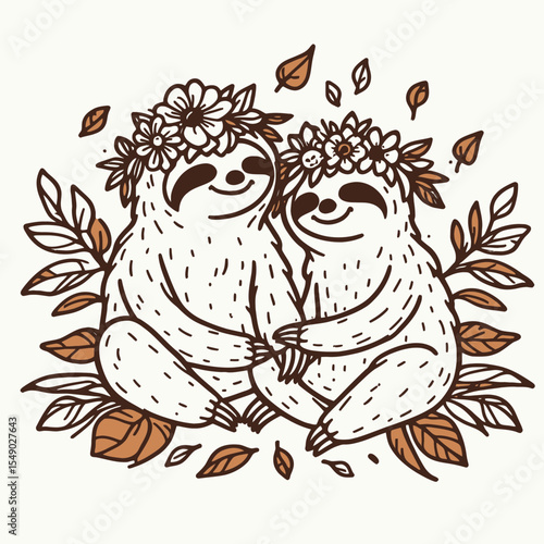 sloth couple wear flower crown Playing with autumn leaves. Valentine Love Romance Cupid February Clipart Line Art Vector Illustration. Slow mates adorn wreath frolic amid fall foliage.