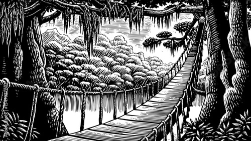 suspension bridge over a tropical rainforest ravine surrounded by thick canopy, a black and white sketch vector