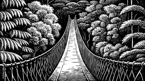 suspension bridge over a tropical rainforest ravine surrounded by thick canopy, a black and white sketch vector