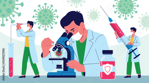 scientists researching covid-19 vaccine in high-tech lab using microscope, test tube, syringe, and vial with virus illustrations